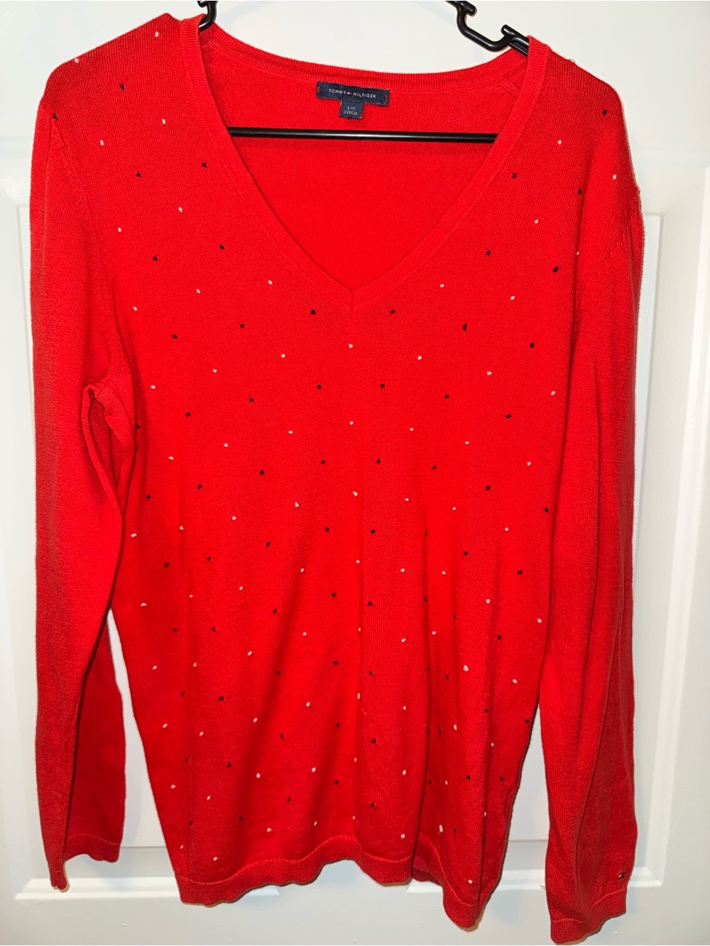 Tommy Hilfiger Red V-Neck Long Sleeve Sweater with Stud Accents